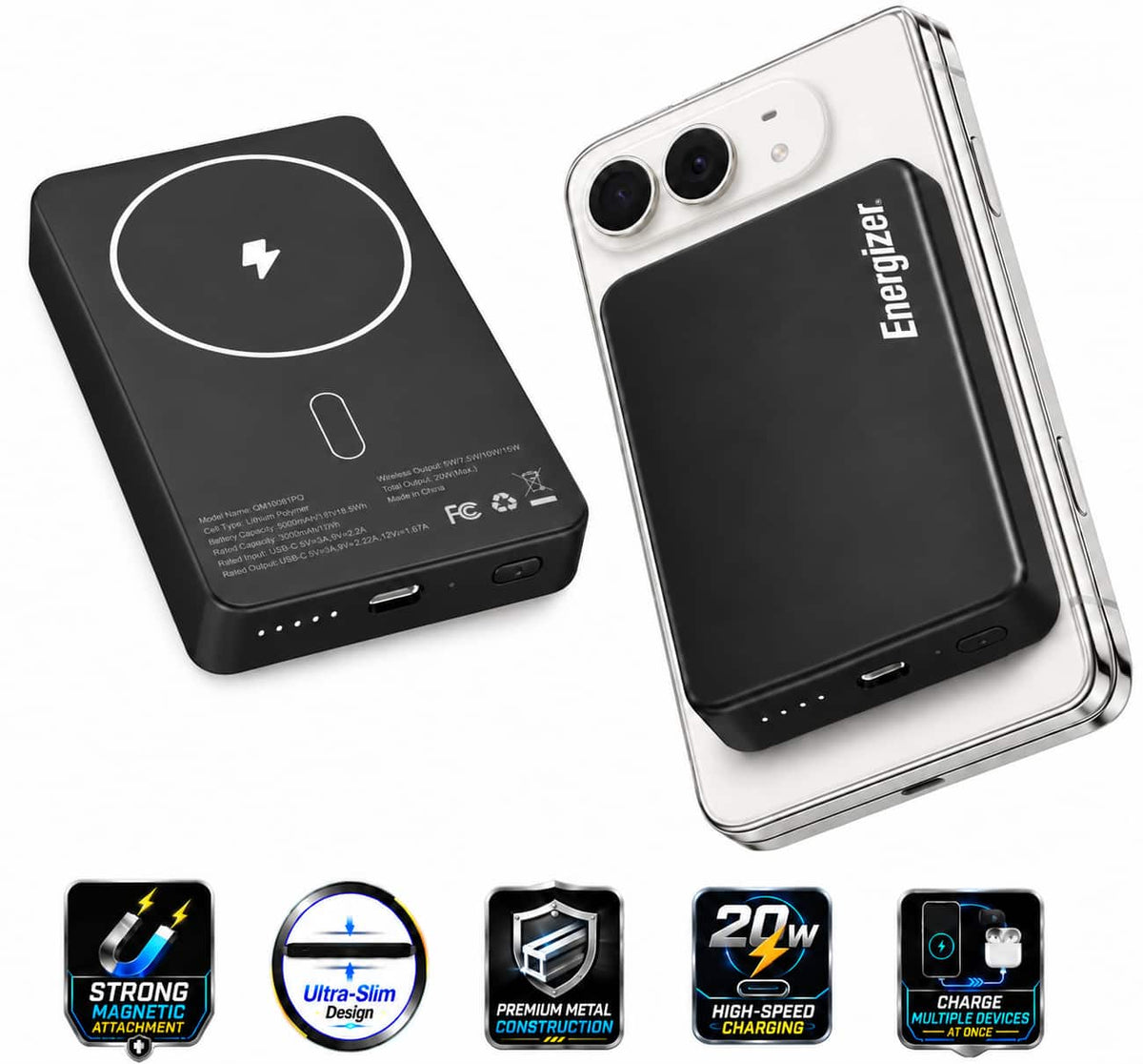 Energizer - 10,000mAh SLIM METAL 20W Magnetic Wireless Qi/Qi2.0/MagSafe PowerBank, Portable Charger, 2 Outputs, LED Display, & USB-C - Black