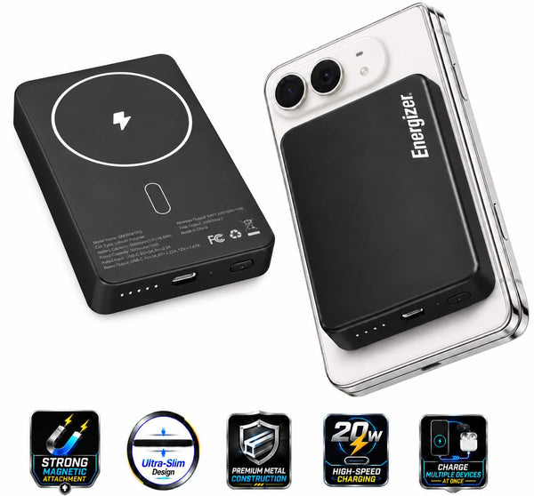 Energizer - 10,000mAh SLIM METAL 20W Magnetic Wireless Qi/Qi2.0/MagSafe PowerBank, Portable Charger, 2 Outputs, LED Display, & USB-C - Black