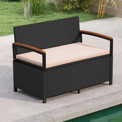 Costway - Outdoor Storage Bench with Cushion Backrest & Acacia Wood Armrests Hidden Storage