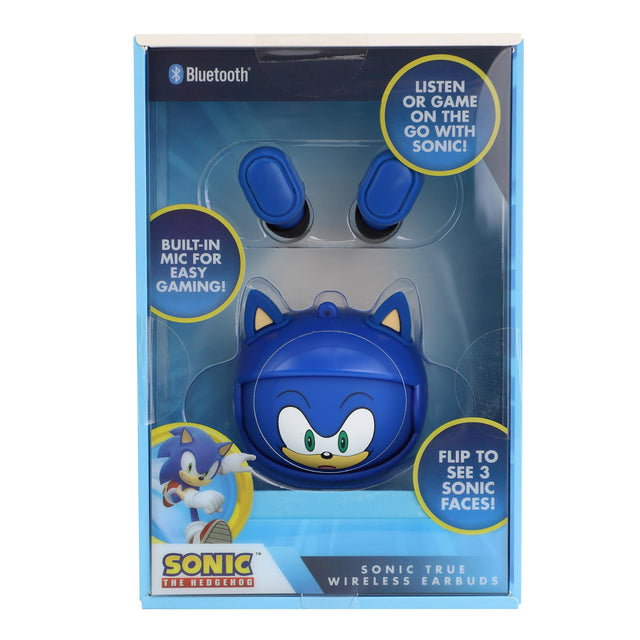 Bluetooth LISTEN OR GAME ON THE GO WITH SONIC! BUILT-IN MIC FOR EASY GAMING! FLIP TO SEE 3 SONIC FACES! SONIC THE HEDGEHOG SONIC TRUE WIRELESS EARBUDS