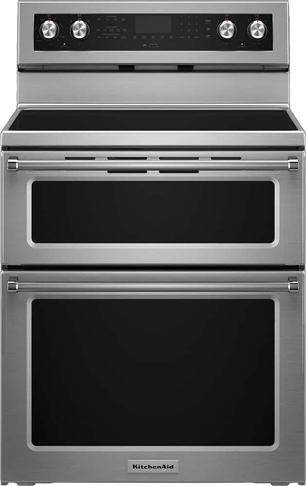 Front. KitchenAid - 6.7 Cu. Ft. Self-Cleaning Freestanding Double Oven Electric Convection Range - Stainless Steel.