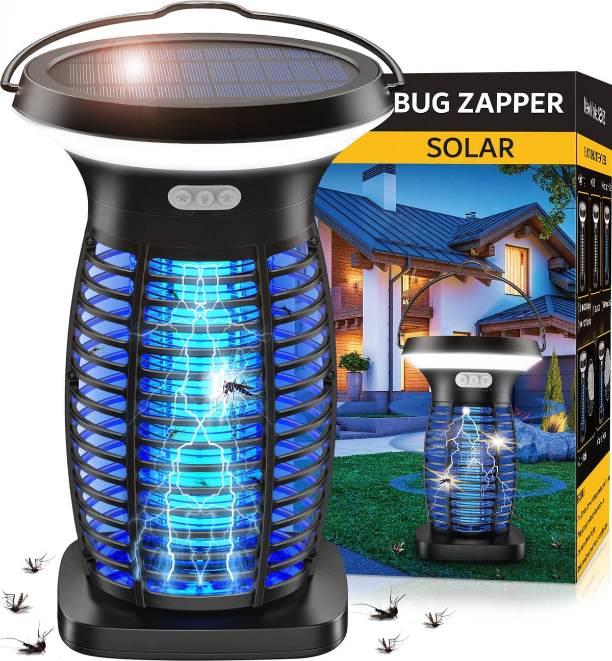 Anysun - Solar Bug Zapper 3-in-1, 4200V Grid + Nightlight + SOS, Covers 2,100 sq.ft, IPX5 Waterproof, Solar/USB - Black