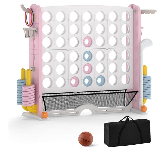 Front. Costway - Costway Giant 4-IN-A-ROW Game Set with Ring-toss, Basketball Hoop, Cup Holders, Storage bag - Pink & White.