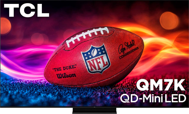 TCL QM7K Mini LED is a product that features a football on its screen. The football is red and has a white NFL logo on it. The screen is described as having a "D-Mini LED" display, which suggests that it is a high-quality, high-resolution screen. The product is likely designed to showcase the NFL brand and its games, making it an appealing choice for fans of the sport.