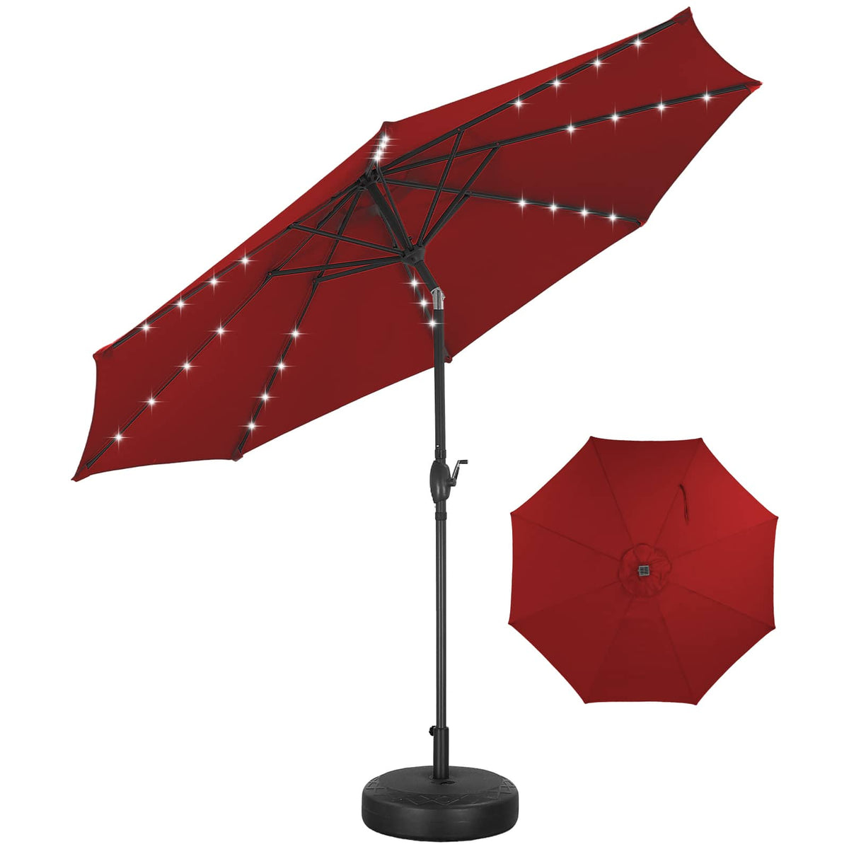 Ainfox - 10FT Solar Lighted Patio Umbrella LED Outdoor Umbrella with Tilt Crank for Backyard Garden Pool Beach with Base - Red