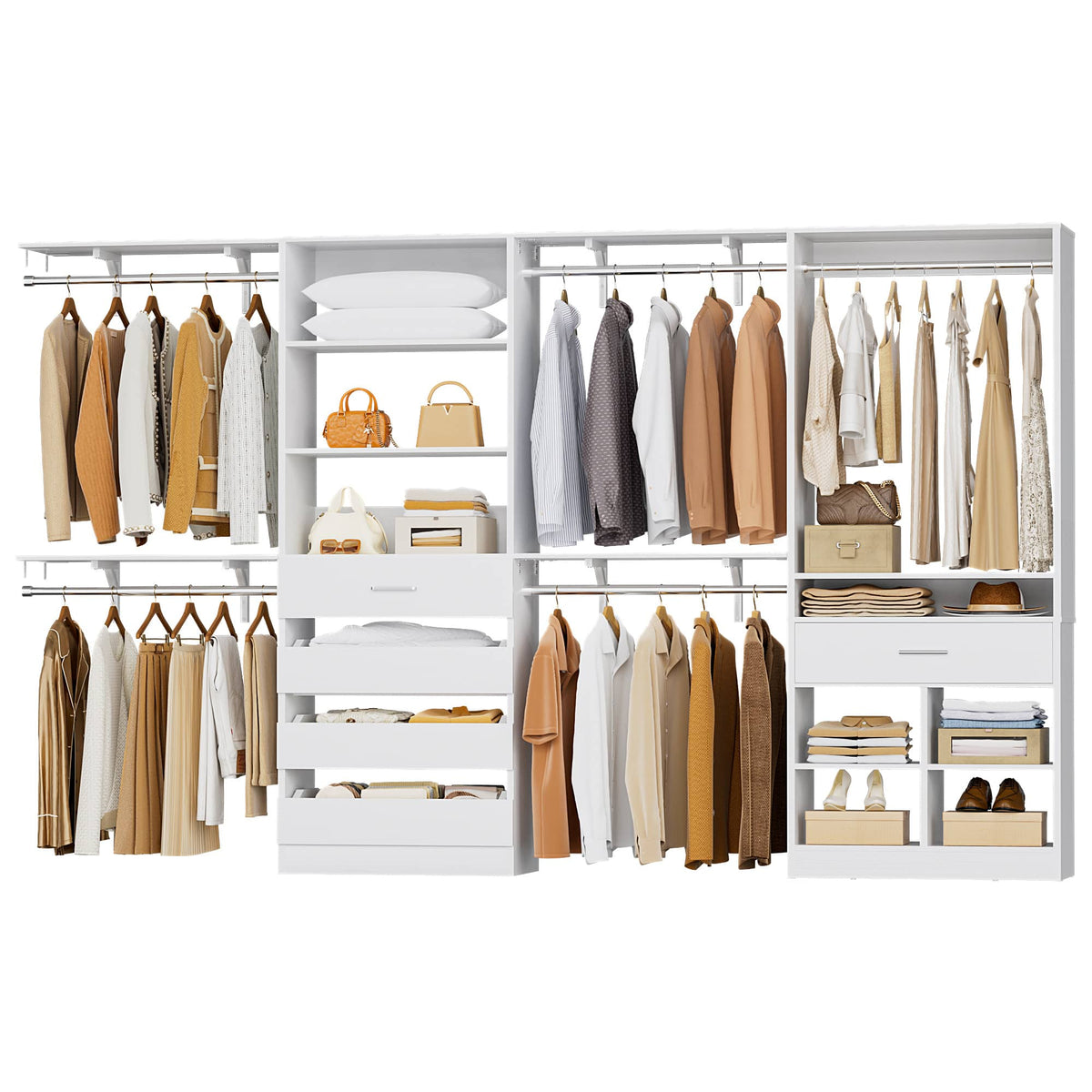 Aheaplus - Heavy-Duty Walk-In Closet Organizer: 5 Drawers, 4 Hanging Rods & 4 Cubbies (4-9ft Adjustable),Ships in 3 Packages - White