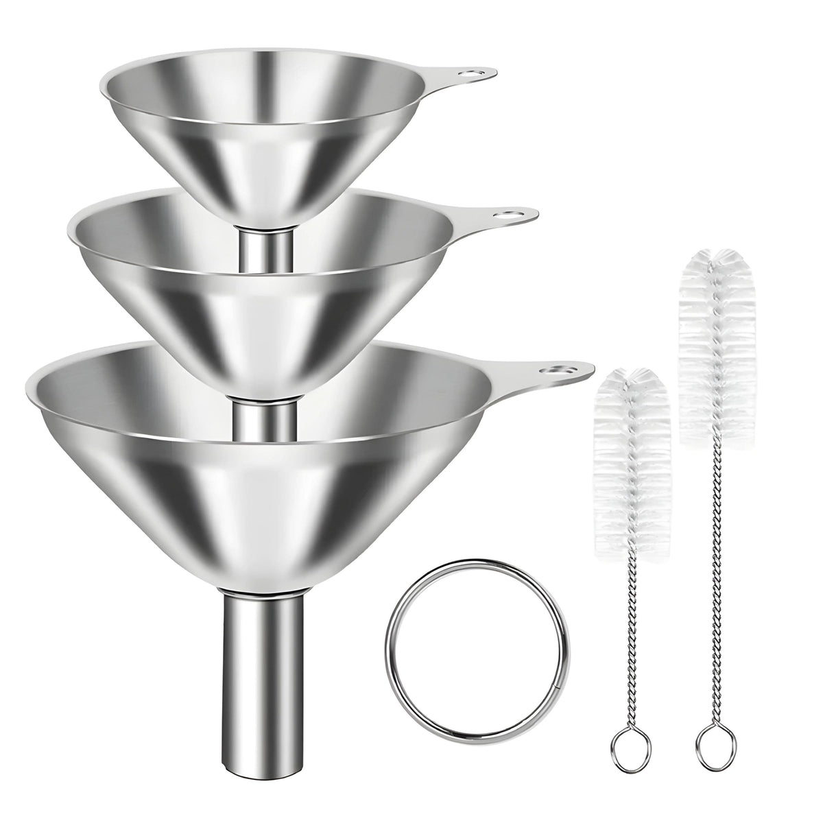 Kitcheniva - Stainless Steel Kitchen Funnel Set With 2 Brushes - Silver