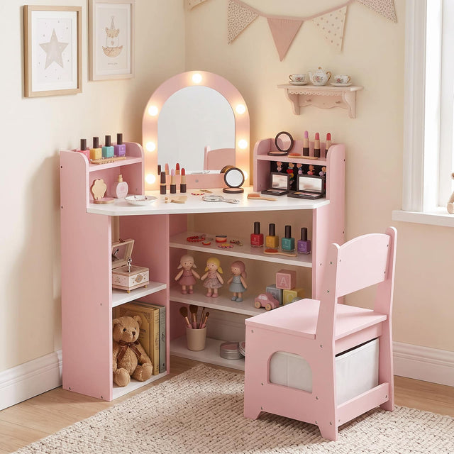 Front. Costway - Costway Corner Kids Vanity with Lights, 3 Storage Shelves, 5 Open Compartments, Accessories - Pink + White.