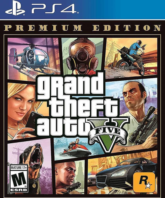Grand Theft Auto V Premium Edition for PS4. Mature 17+ rating from the ESRB.