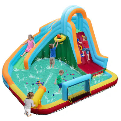 Gymax - Inflatable Water Slide Park 6-in-1 Giant Bounce House w/Long Slide Splash Pool