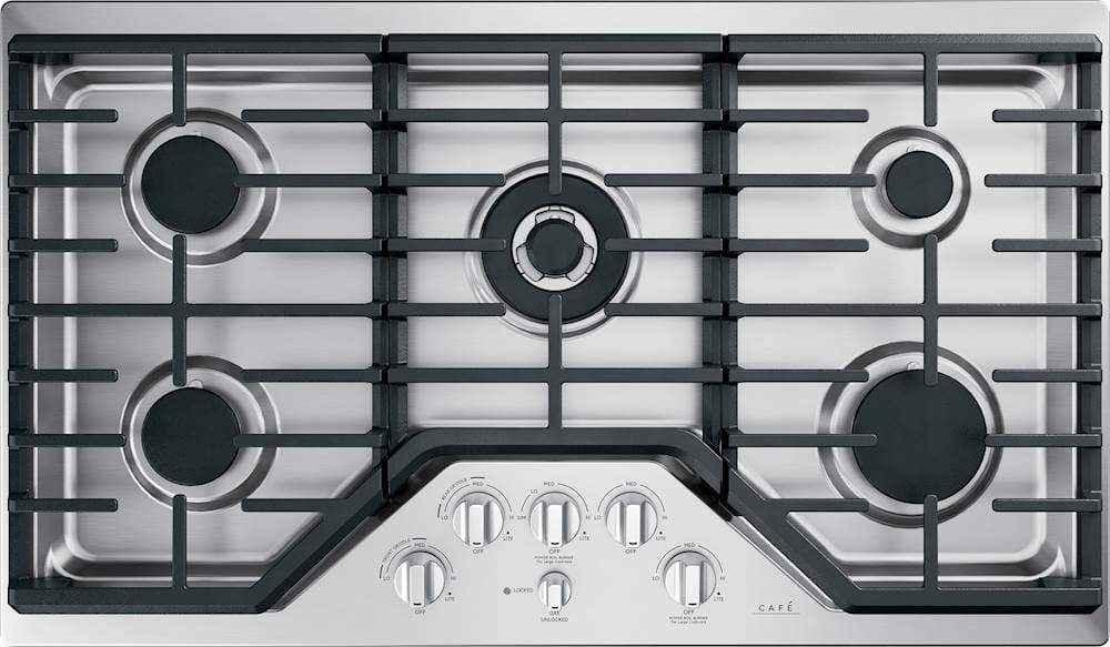 Café - 36 in. Wide 5 Burner Built-In Gas Cooktop, Customizable with White LED Backlit, Heavy-Duty Knobs - Stainless Steel