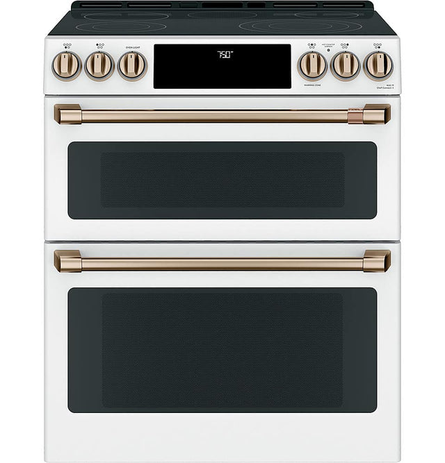 Front. Café - 6.7 Cu. Ft. Slide-In Double Oven Electric True Convection Range with Built-In Wi-Fi, Customizable - Matte White.
