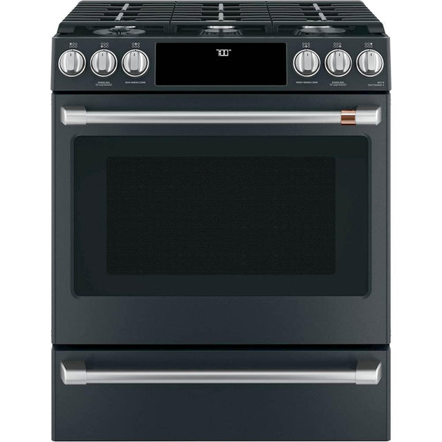 Front. Café - 5.6 Cu. Ft. Self-Cleaning Slide-In Gas Convection Range, Customizable - Matte Black.