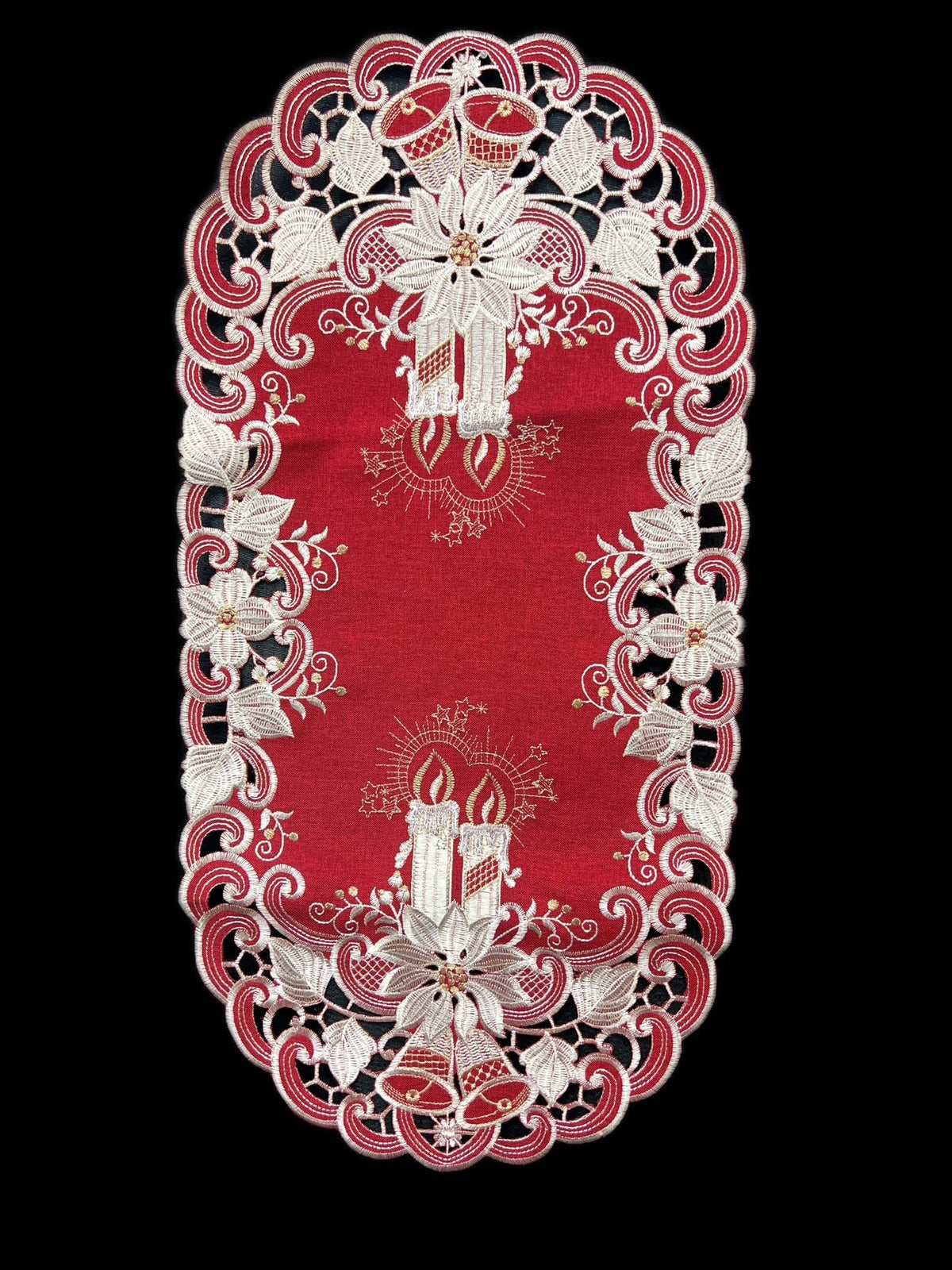 Jiallo - Poinsettia Embroidered Cutwork Rectangular Table Runner, 15 by 43 inch Table Linen - Red