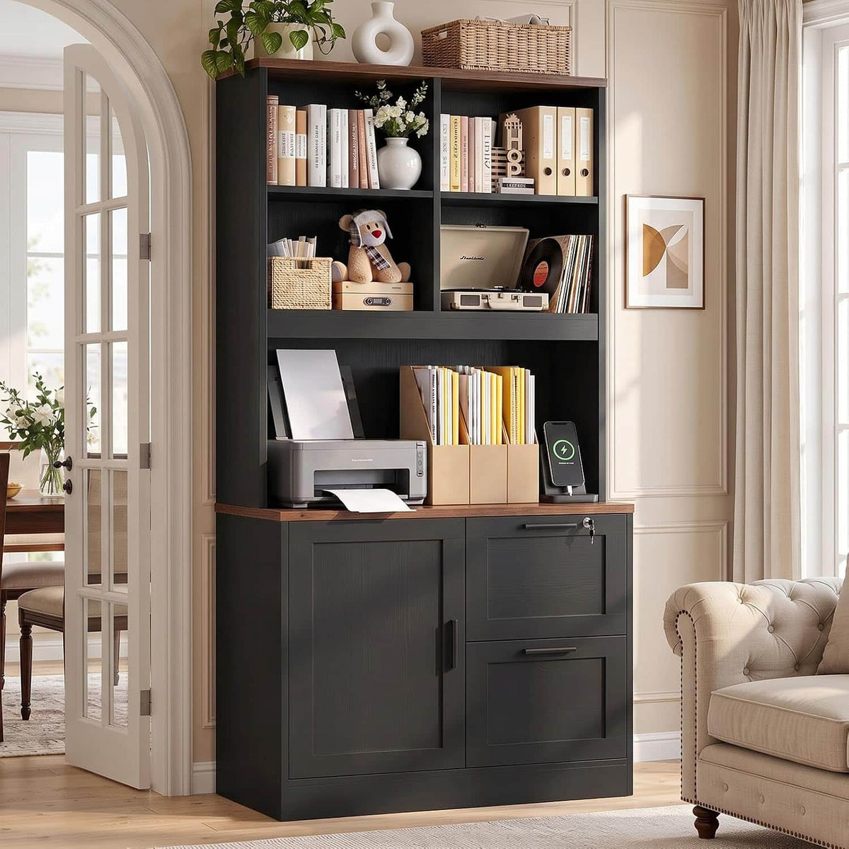 Aheaplus - 67.5" Tall Lockable File Cabinet with Charging Station, Adjustable Shelves & Printer Stand for Home Office - Black