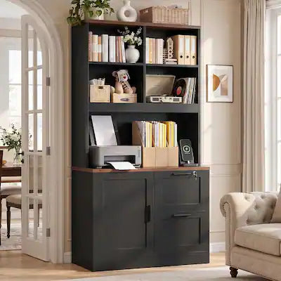 Aheaplus - 67.5" Tall Lockable File Cabinet with Charging Station, Adjustable Shelves & Printer Stand for Home Office