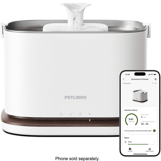 9:39  
Dockstream 2 Fountain  
Living room  

PETLIBRO  

Hydration History  
5.41 oz  
Goal: 5 oz  
Today's Visits: 4 visits  
Today's Average Duration: 04 min 20 s  

Link your pets to customize hydration goal  

Status  
Water  
Flow Type  
Hydration History  

Phone sold separately.
