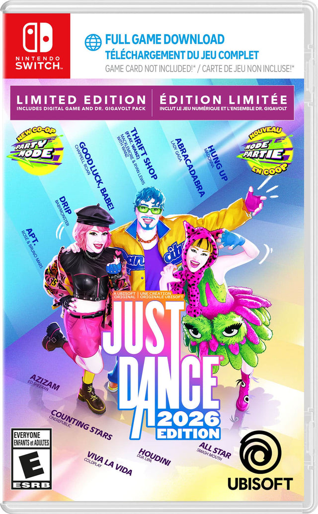 **Nintendo Switch**

**Full Game Download**  
Téléchargement du jeu complet  
Game card not included! / Carte de jeu non incluse!

**Limited Edition**  
Édition limitée  
Includes digital game and Dr. Gigavolt pack / Inclut le jeu numérique et l'ensemble Dr. Gigavolt

**New Co-op Party Mode**  
Nouveau mode partie coop

**Just Dance 2026**  
All Star Edition

**Music Tracks:**
- Thrift Shop (Macklemore & Ryan Lewis)
- Good Luck (Lady Gaga)
- Abracadabra (Macy Gray)
- Hung Up (Madonna)
- Drip (Babymonster)
-