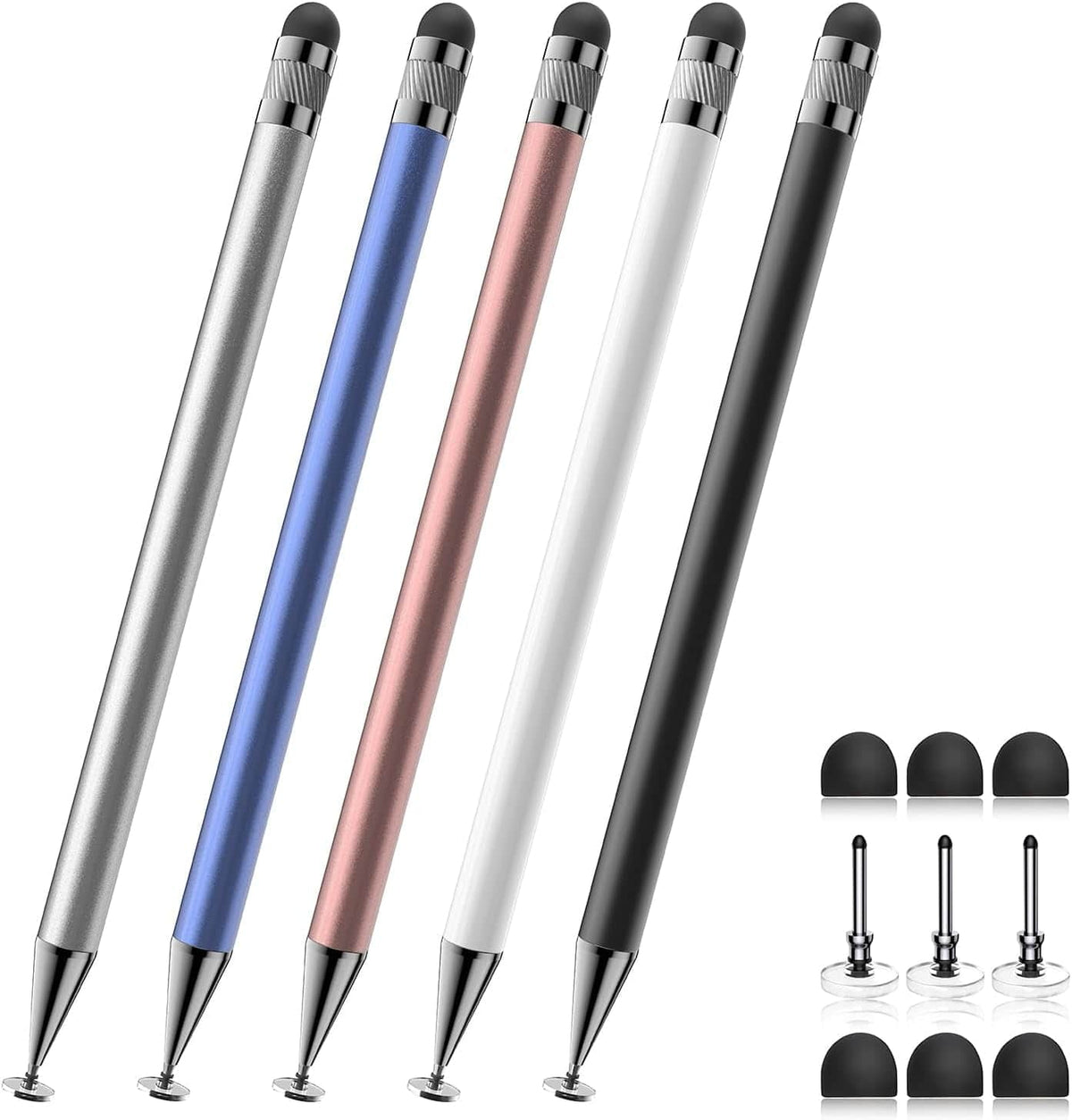 Core Tech - 2-in-1 Stylus Pens (5-Pack) for Touchscreen Devices High Precision Stylus for iPhone, iPad, Android Tablets Smartphone - Black/White/Blue/Rose Gold/Silver