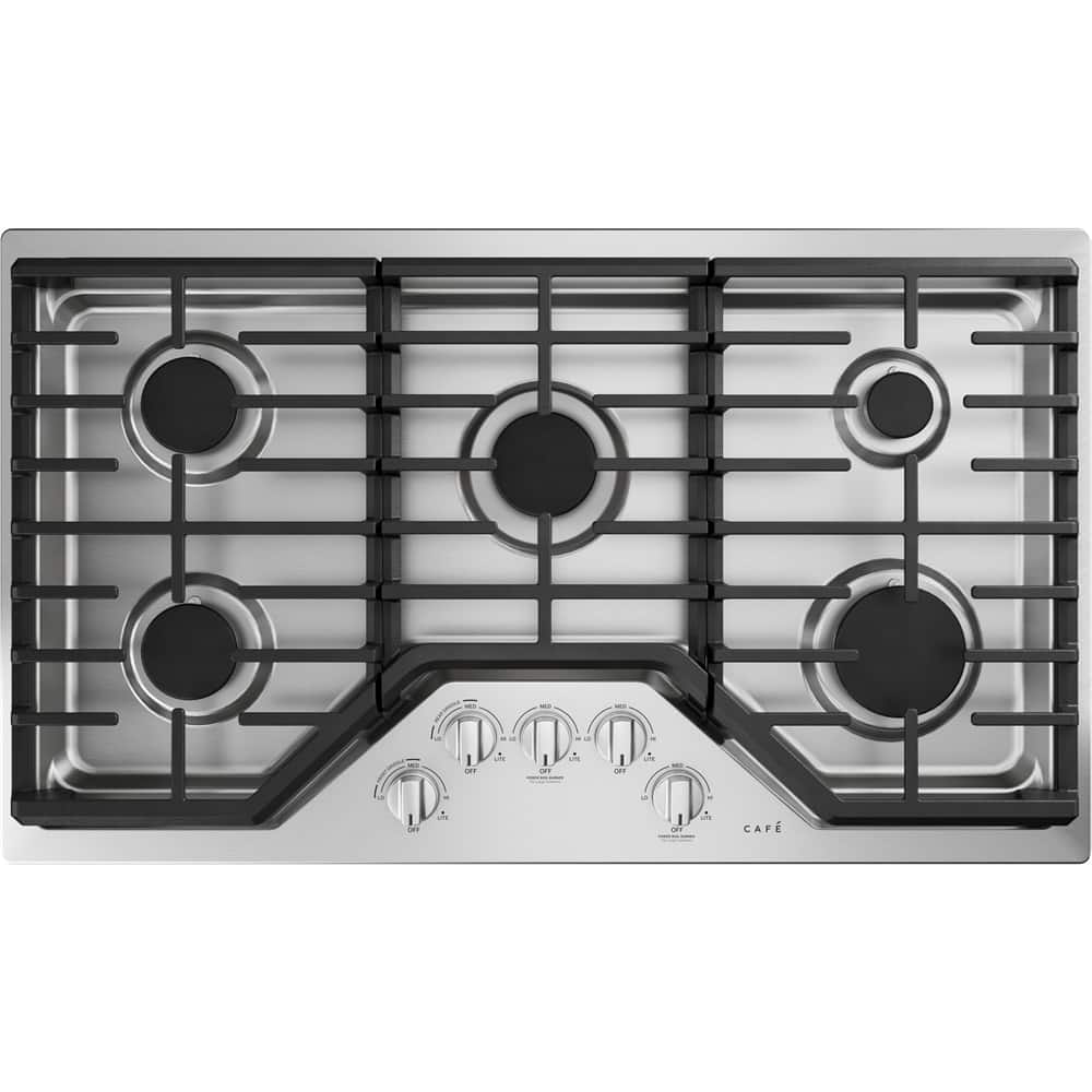 Café - 36 in. Wide 5 Burner Built-In Gas Cooktop, Customizable with White LED Backlit, Heavy-Duty Knobs - Stainless Steel