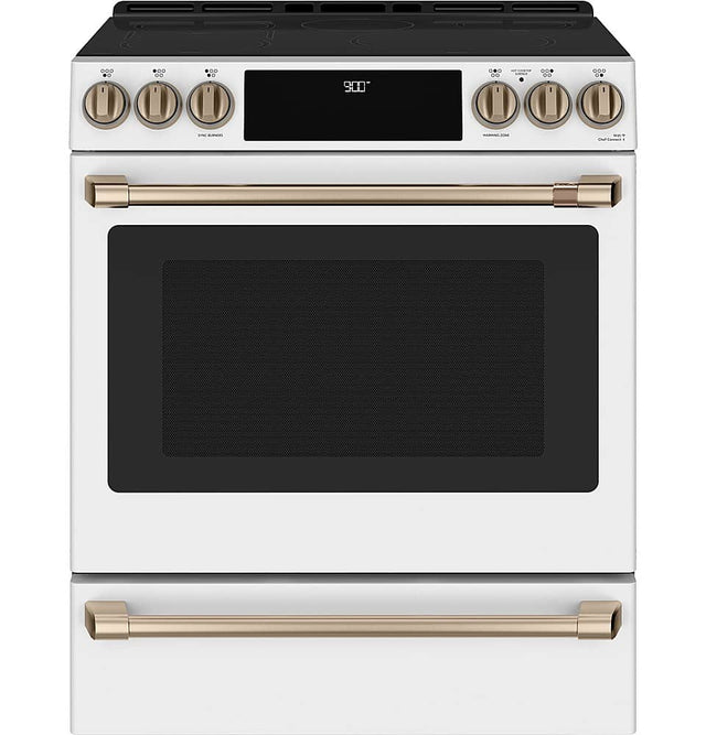 Front. Café - 5.7 Cu. Ft. Slide-In Electric Induction Convection Range - Matte White.