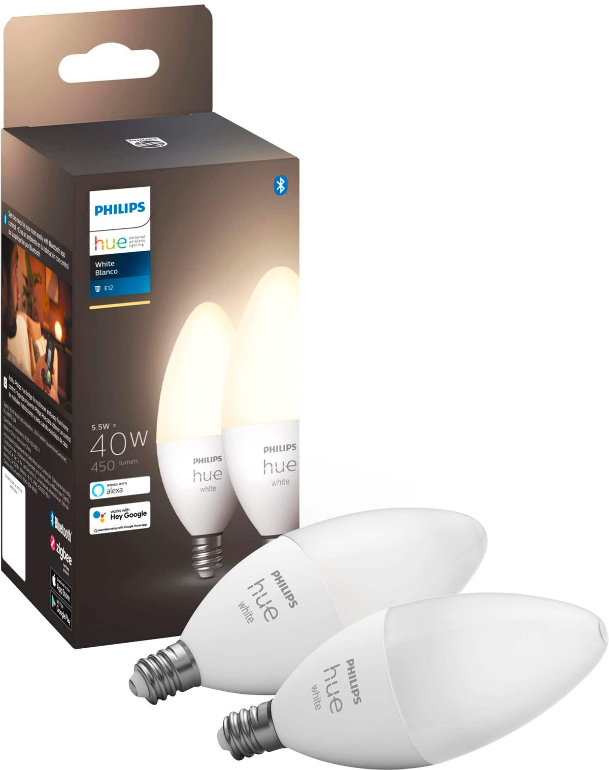 Philips - Hue E12 Bluetooth 40W Smart LED Bulb (2-Pack) - White