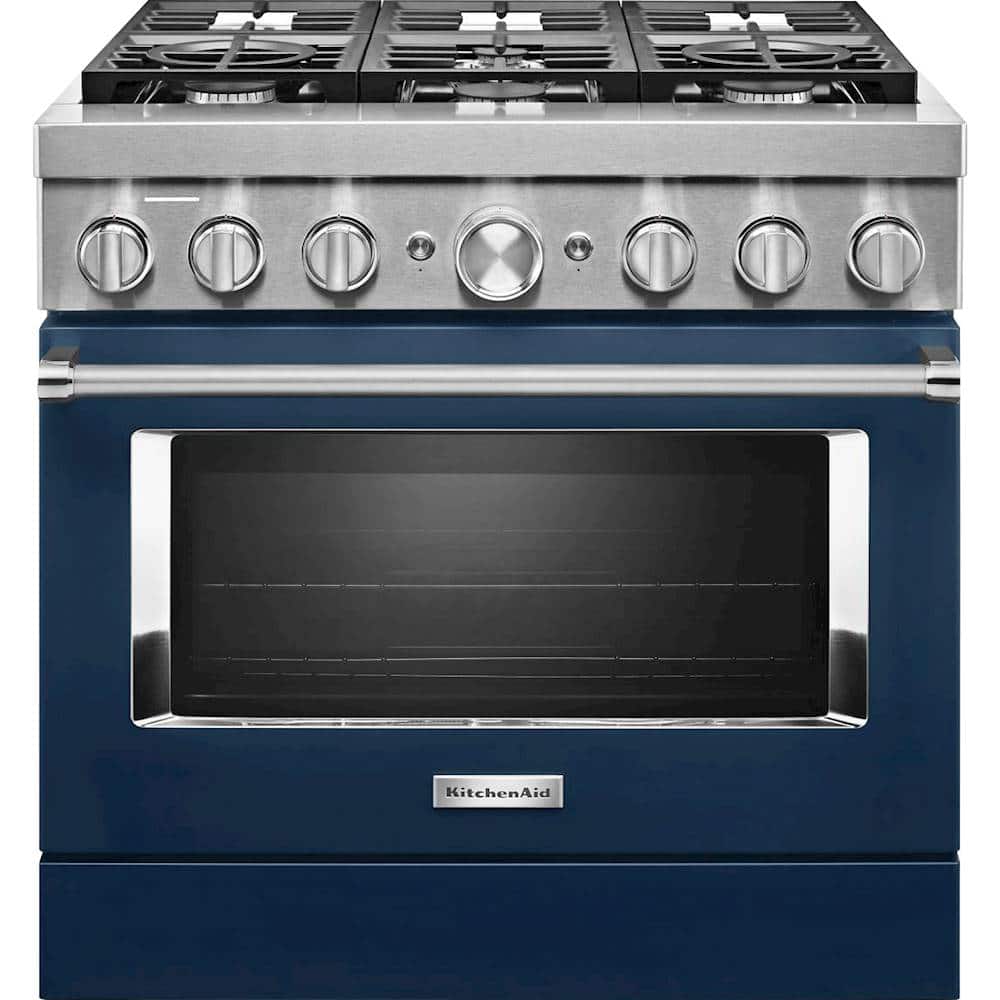KitchenAid - 36 in. Wide 6 burner 5.1 cu. ft. Freestanding Dual Fuel True Convection Range with Self-Cleaning - Ink Blue