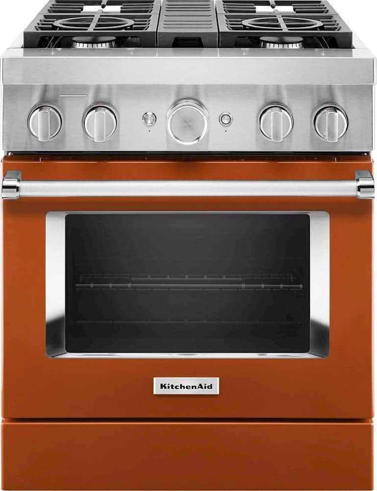 KitchenAid - 30 in. Wide 4 burner 4.1 cu. ft. Freestanding Dual-Fuel True Convection Range with Self-Cleaning - Scorched Orange