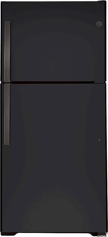 Front. GE - 21.9 Cu. Ft. Top-Freezer Refrigerator with Garage Ready Performance from 38-110 Degrees Fahrenheit - Fingerprint resistant black slate.
