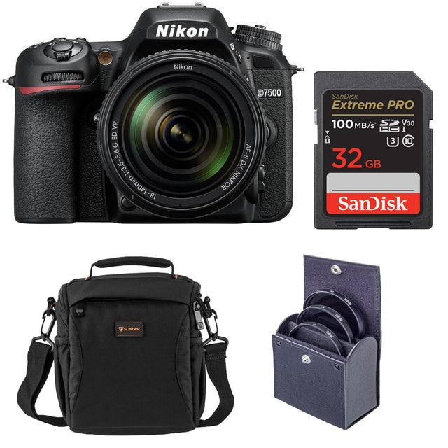 Nikon D7500 with Nikon AF-S DX NIKKOR 18-140mm 1:3.5-5.6G ED VR lens, SanDisk Extreme PRO 32GB 100MB/s V30 SD card, and a black SLINGER camera bag with lens caps.