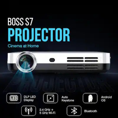 BOSS - S7 Pro 4K Smart Projector | 7000 Lumens | Android, WiFi & Bluetooth | 3D | HDMI/USB | Free Screen Included