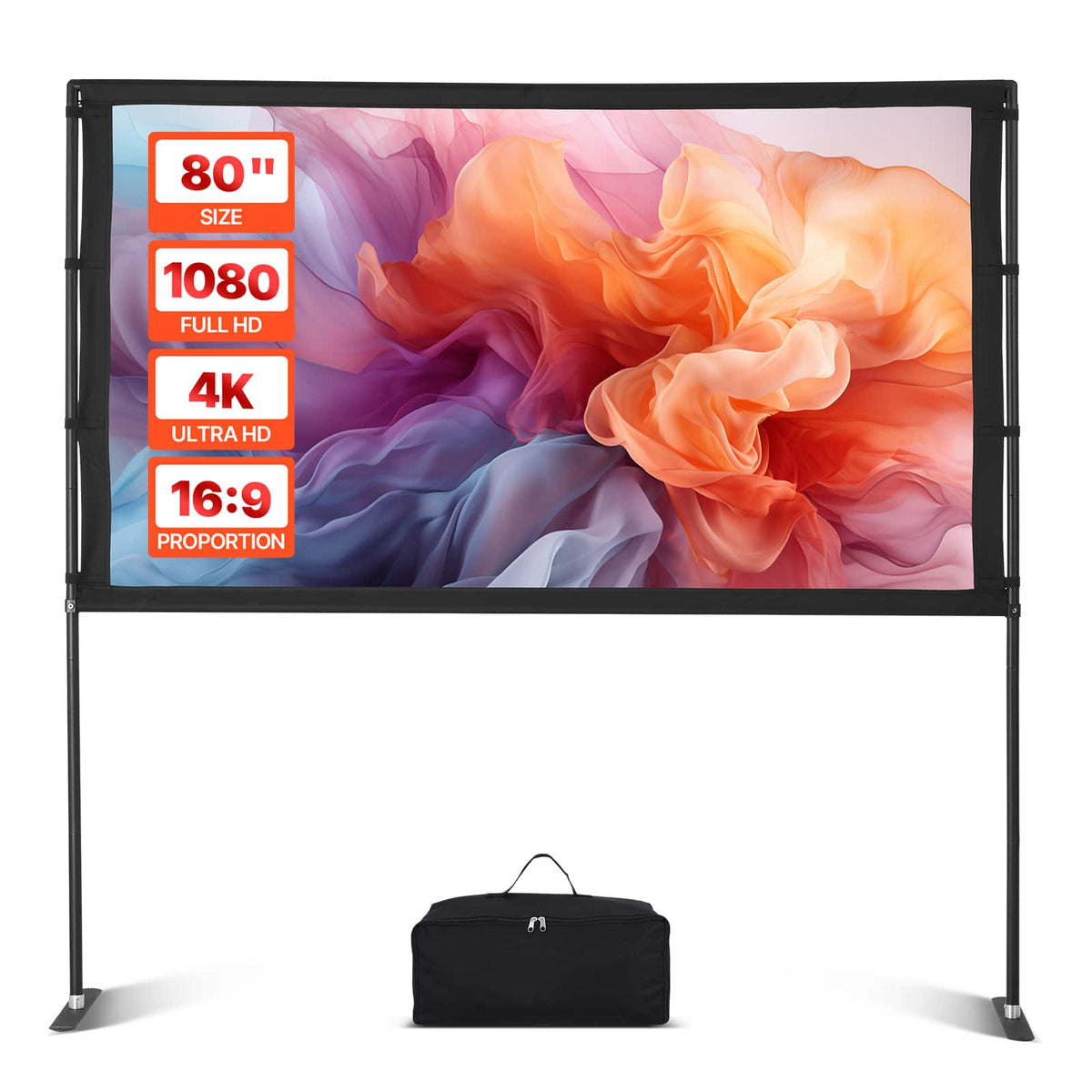 VEVOR - Projector Screen with Stand, 80 Inch 160° Wide Angle Indoor Outdoor Projection Screen, 16:9 4K HD Dual-Stand Screens - Black