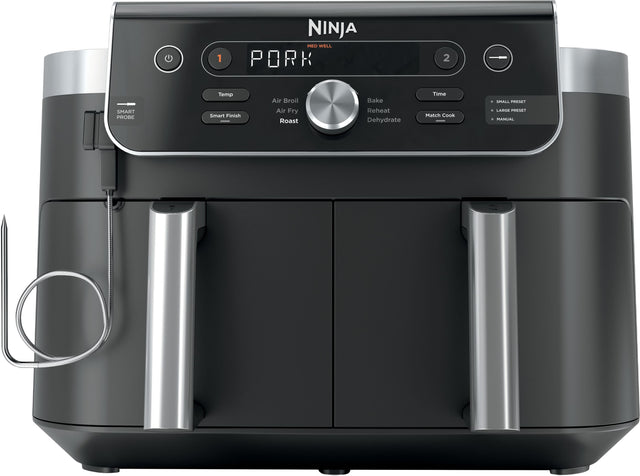 1. NINJA MED WELL PORK
2. SMART PROBE
3. Temp
4. Air Broil
5. Air Fry
6. Roast
7. Bake
8. Reheat
9. Dehydrate
10. Smart Finish
11. Time
12. Match Cook
13. SMALL PRESET
14. LARGE PRESET
15. MANUAL