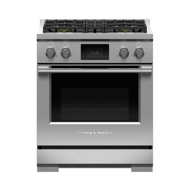 Front. Fisher & Paykel - Professional 4 Cu. Ft. Freestanding Dual Fuel True Convection Range with Self-Cleaning - Stainless Steel/Black Glass.