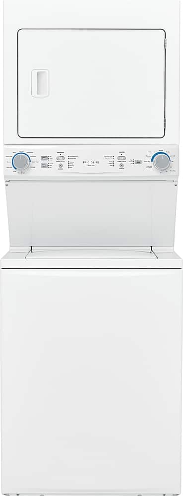 The image features a white Frigidaire washer and dryer combo. The washer is located on the left side of the image, while the dryer is on the right side. The appliances are white and stand out against the background.