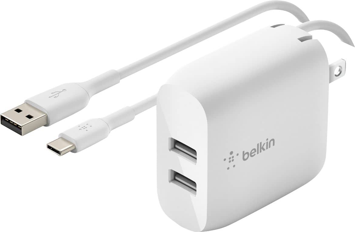 Belkin - 24W Dual Port USB Wall Charger with USB-C Cable - Fast Charging for iPhone, Galaxy , Pixel & More - White