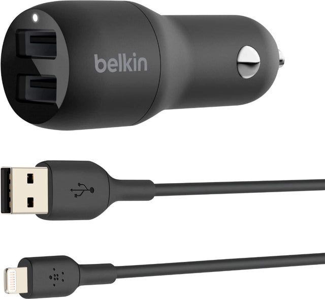 Front. Belkin - 24W Dual USB Car Charger with Lightning Cable and 2 12W USB-A ports - fast charge iPhone, Samsung Galaxy, and more - Black.