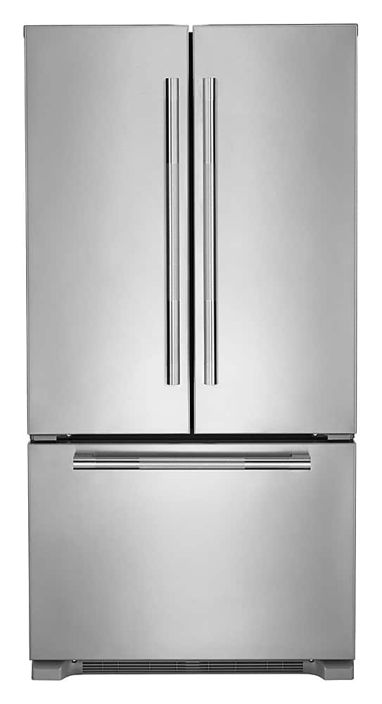 Front. JennAir - RISE 21.9 Cu. Ft. French Door Counter-Depth Refrigerator with Gourmet Bay drawer and TriSensor Climate Control - Stainless Steel.