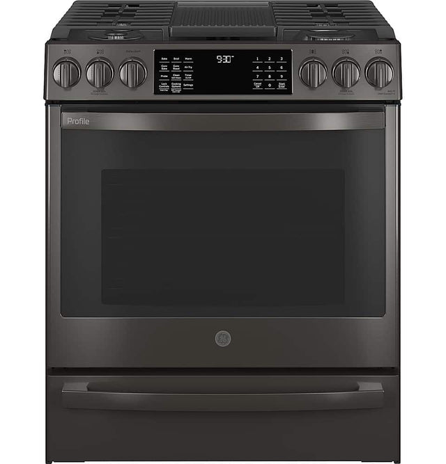 Front. GE Profile - 5.6 Cu. Ft. Slide-In Gas True Convection Range with Built-In WiFi and Hot Air Frying - Black Stainless Steel.