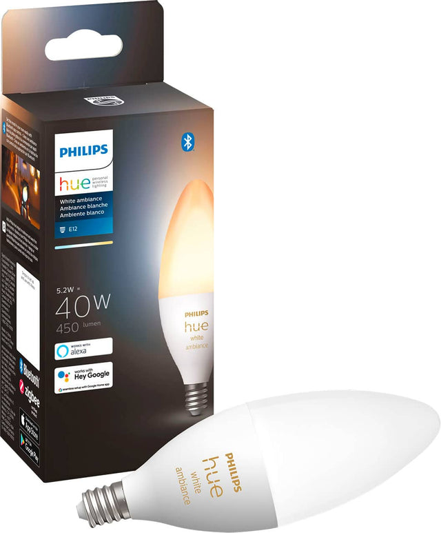 Front. Philips - Hue E12 Bluetooth 40W Smart LED Candelabra Bulb - White Ambiance.