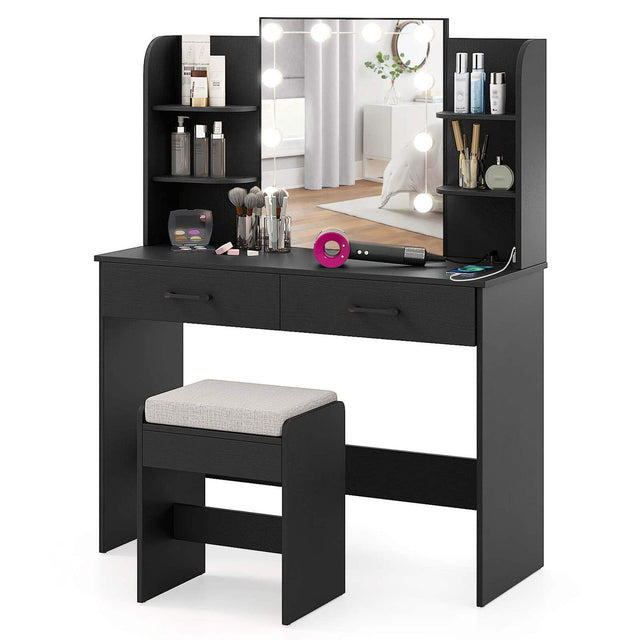 Front. Costway - Costway Makeup Vanity Desk with Lighted Mirror Charging Station 3-Color Dimmable LED Lights - Black.