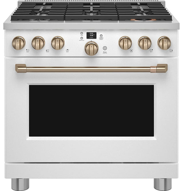 Front. Café - 5.75 Cu. Ft. Freestanding Dual Fuel True Convection Range with 6 Burners, Customizable - Matte White.