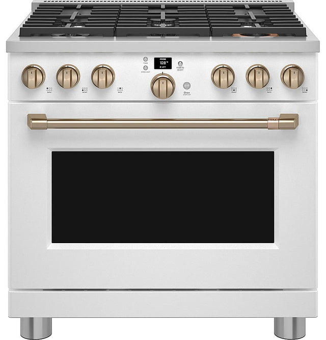 Front. Café - 6.2 Cu. Ft. Freestanding Gas Convection Range with 6 Burners, Customizable - Matte White.