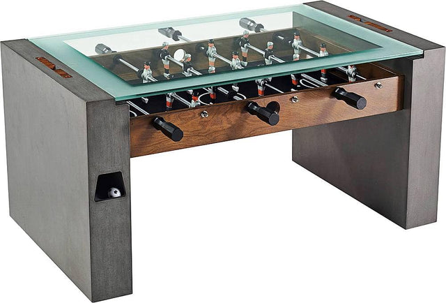 Angle. Barrington - 40” Urban Foosball Coffee Table, Durable & Stylish Design with Sports Soccer Balls, Perfect for Family Game Rooms - Gray.