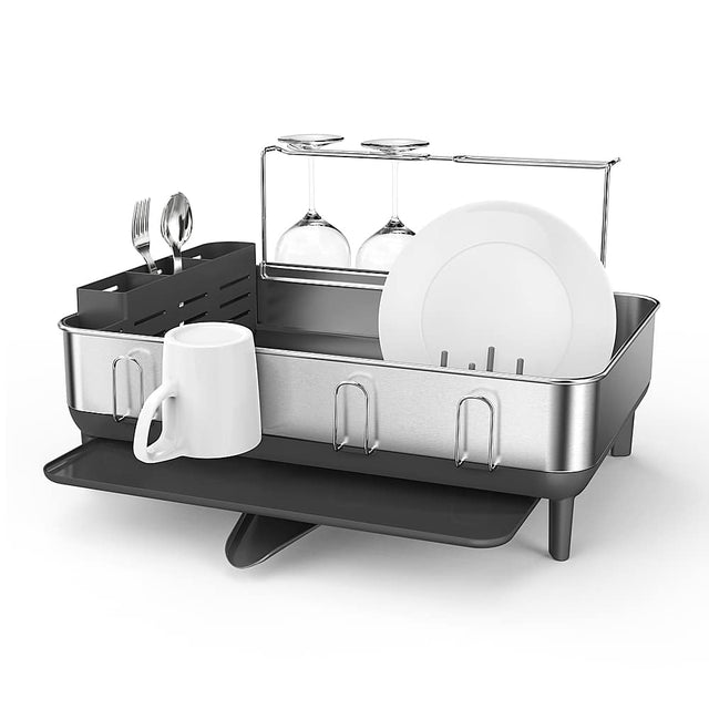 Angle. simplehuman - Kitchen Dish Drying Rack With Swivel Spout, Fingerprint-Proof Stainless Steel Frame - Grey Plastic.