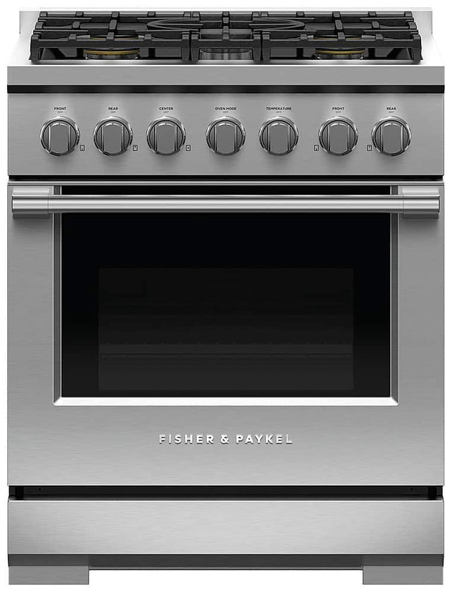 Front. Fisher & Paykel - Professional 30 inch 5 Burner Gas Range - Stainless Steel.