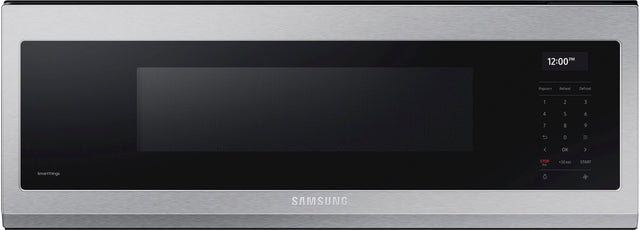 Front. Samsung - 1.1 cu. ft. Smart SLIM Over-the-Range Microwave with 550 CFM Hood Ventilation, Wi-Fi & Voice Control - Stainless Steel.