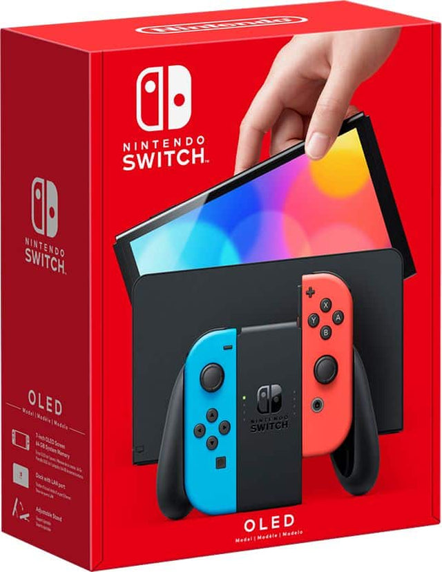 Front. Nintendo - Switch – OLED Model w/ Neon Red & Neon Blue Joy-Con - Multi.