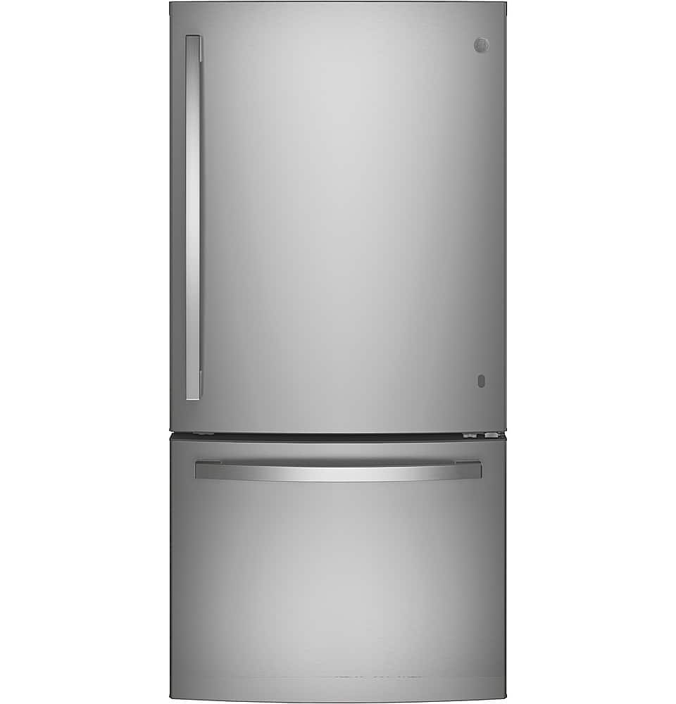 GE - 33 in. Wide 24.8 Cu. Ft. Bottom-Freezer Refrigerator with Sliding Snack Drawer - Stainless Steel