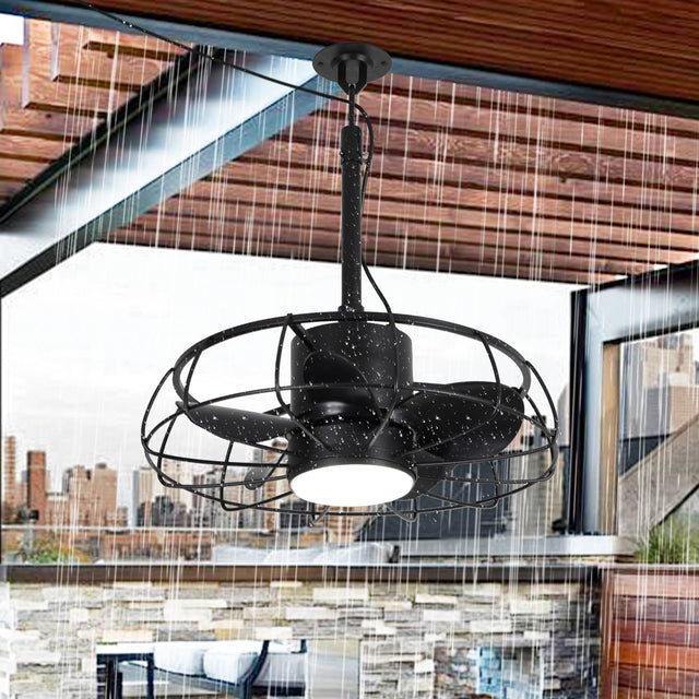 Front. Parrot Uncle - 20" Industrial Black Wet Rate Outdoor Caged Ceiling Fan with Light and Remote, Hook - Black.